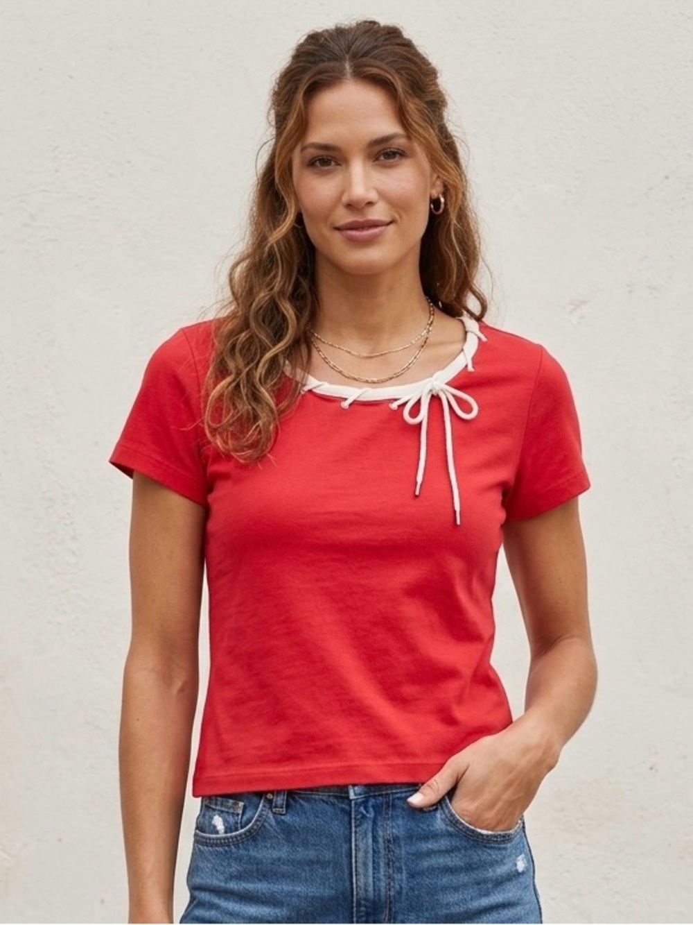 Sag Harbor Red Short Sleeve Tie-Neck Tee with White Trim